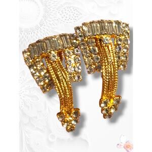 Hobe Screw Back Clip On Earrings Belt Buckle Dangle Rhinestone Vintage Gold Tone